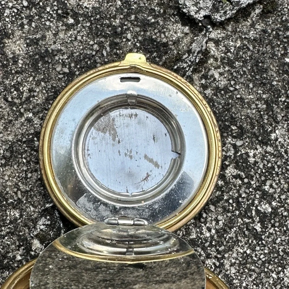VTG Galleon Ship Powder Compact Gold Tone Guilloché Foil Nautical Vanity Compact